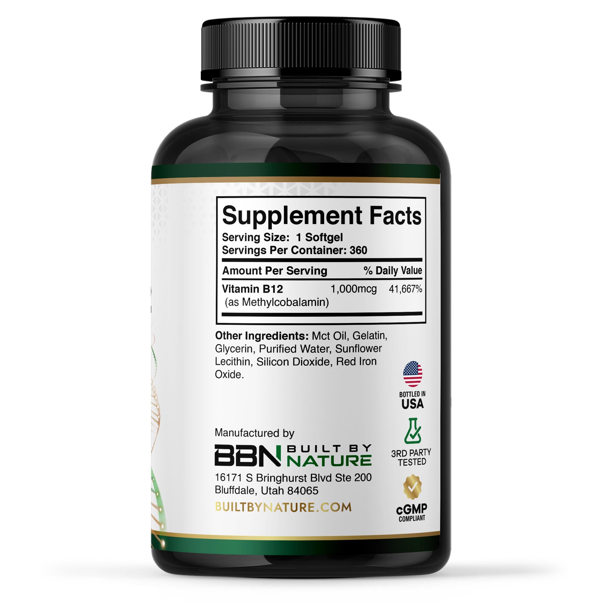 Built by Nature etiqueta nutricional destacando 1000 mcg metilcobalamina por cápsula