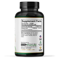 Built by Nature etiqueta nutricional destacando 1000 mcg metilcobalamina por cápsula