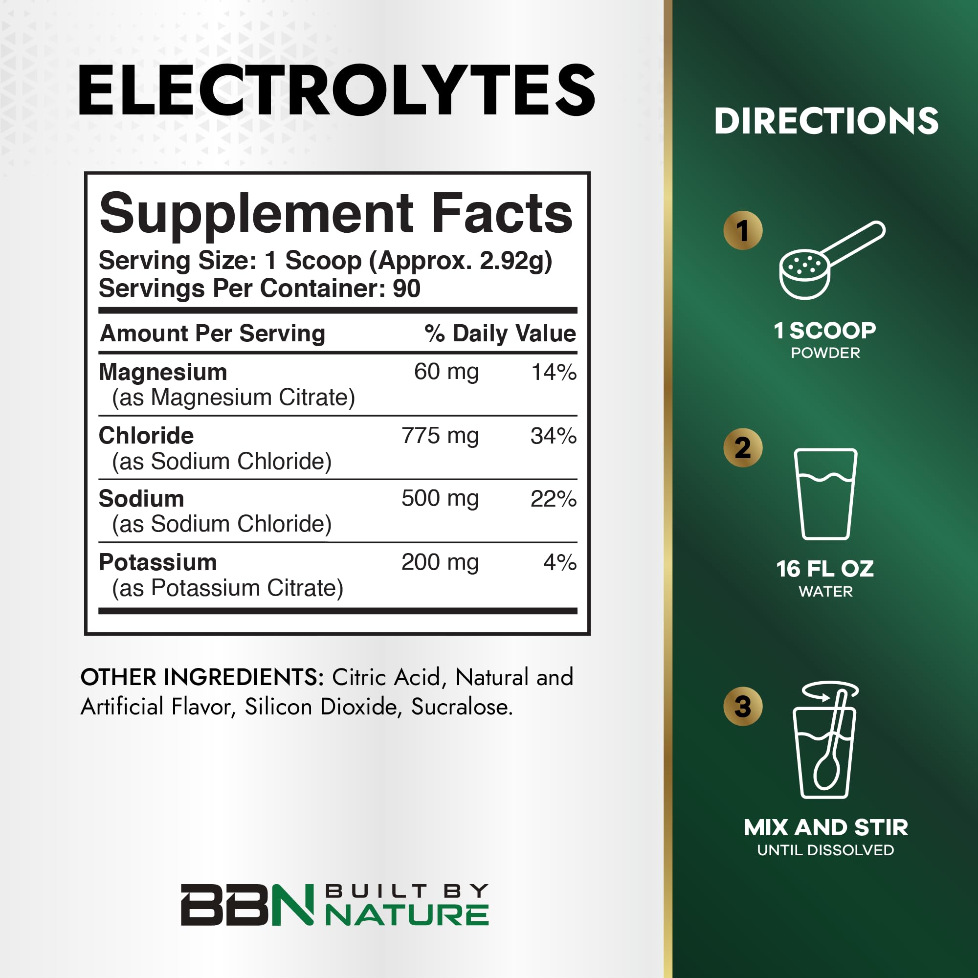Built By Nature etiqueta nutricional con electrolitos clave y transparencia de ingredientes