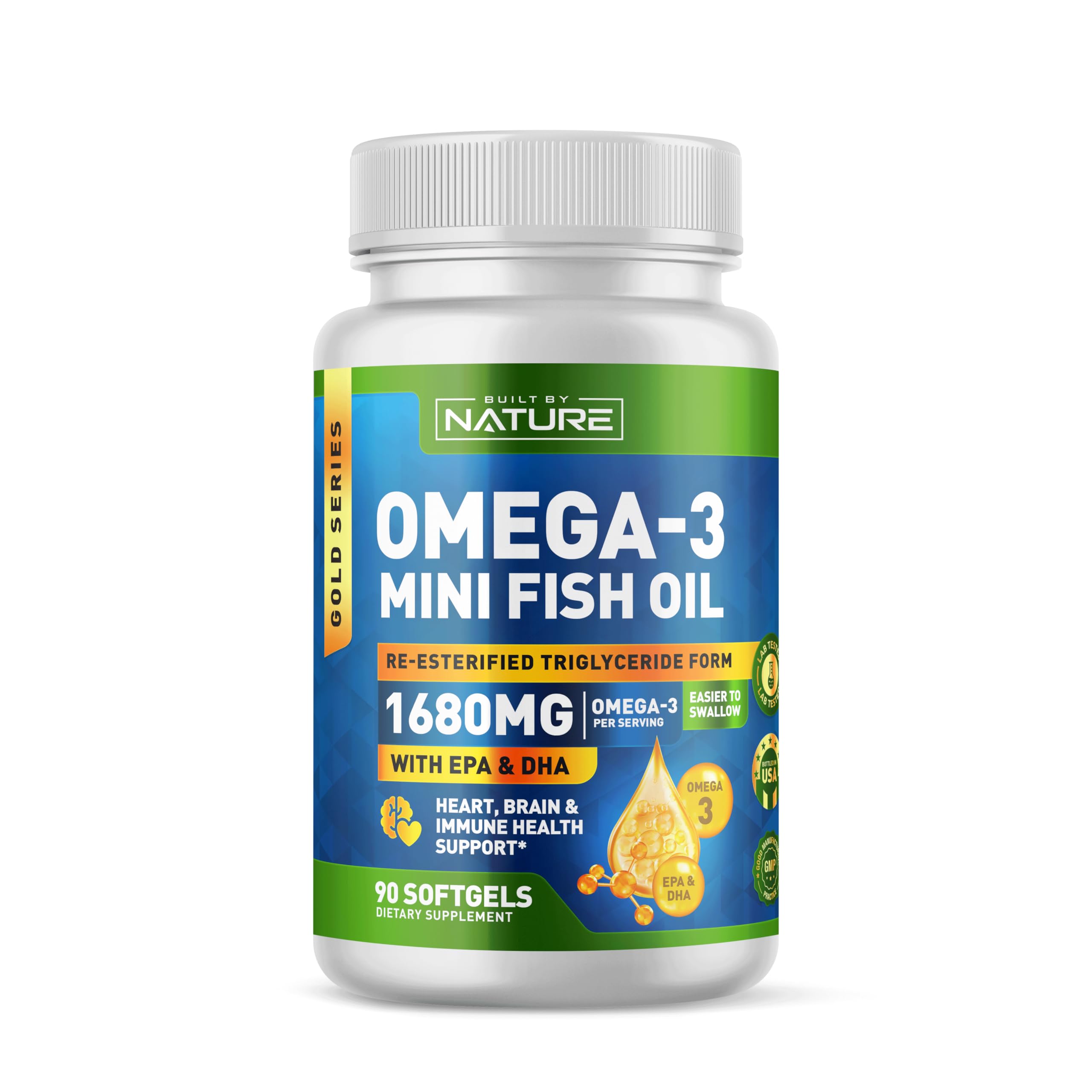 Built by Nature frente del frasco mostrando 90 softgels y ventaja de suministro