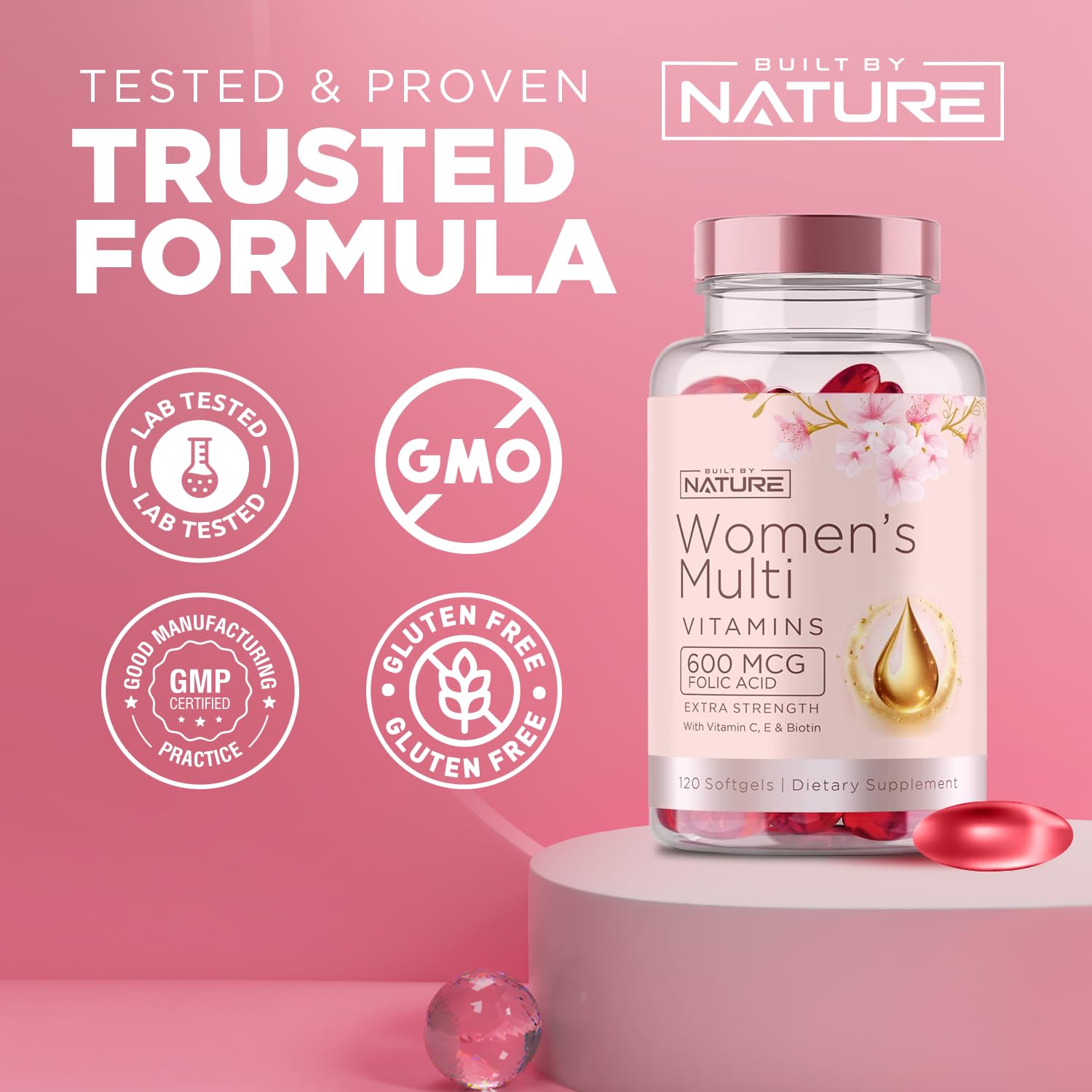 Built by Nature etiqueta con lista de ingredientes y beneficios visibles