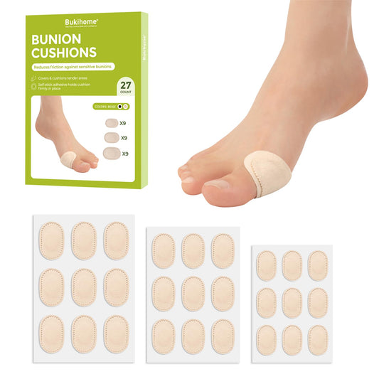Bukihome empaque frontal mostrando 27 almohadillas beige y su beneficio de protección