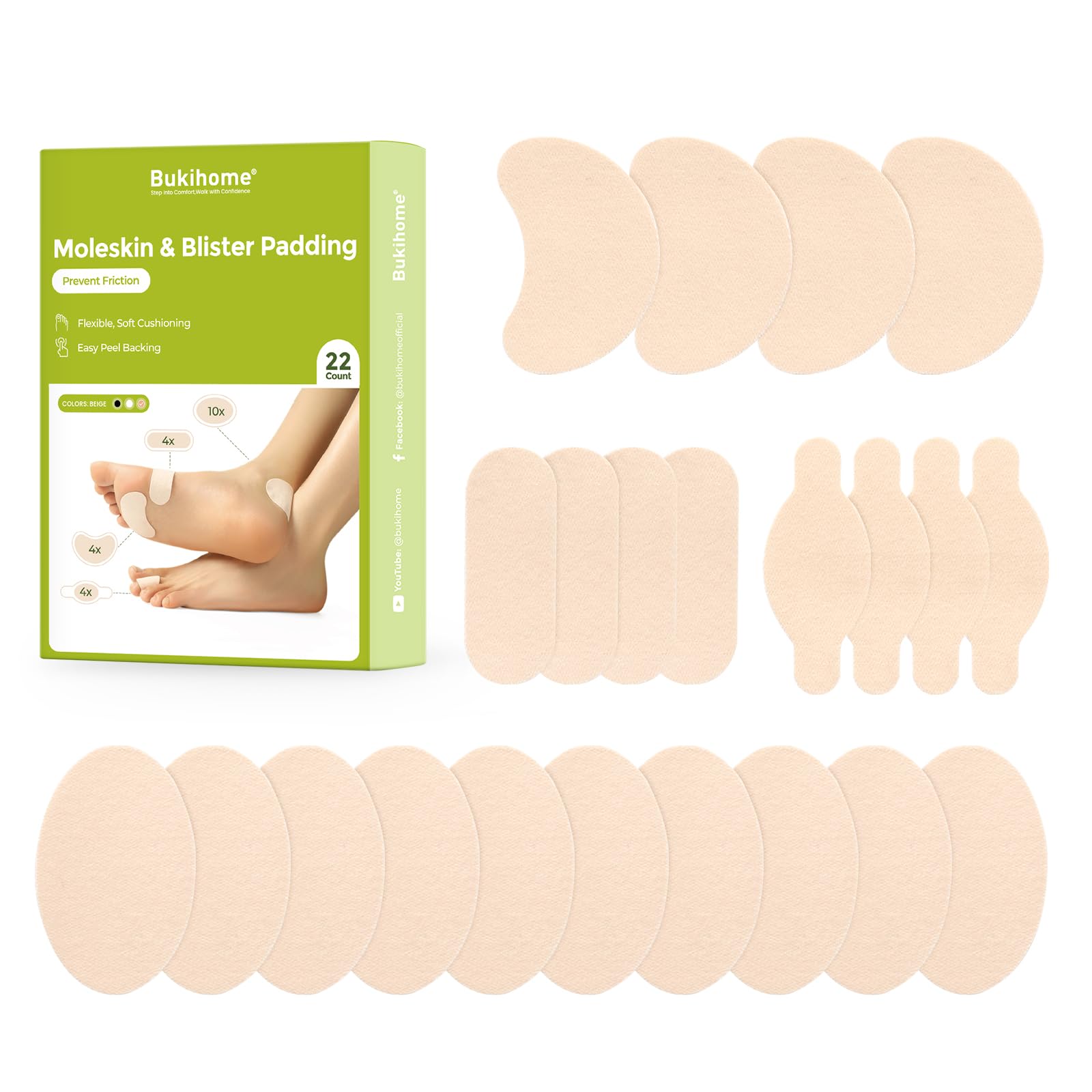 Bukihome envase frontal mostrando las 11 hojas y el diseño beige, protección continua