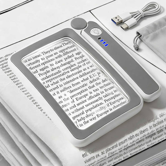 Bulgery lupa frontal mostrando lente rectangular y vista amplia para lectura