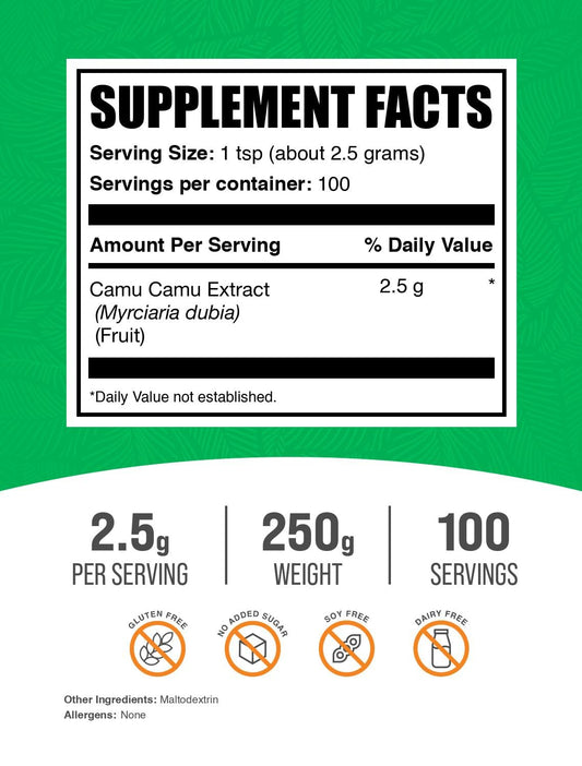 BulkSupplements Camu Camu Extract Powder con dosificador para porciones precisas.