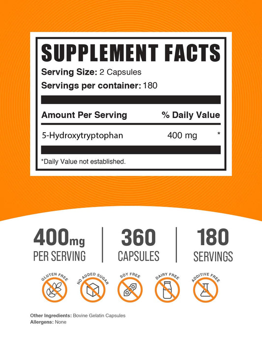 Detalle de una cápsula de BulkSupplements 5-HTP mostrando textura y tamaño, fácil de tragar