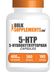 BulkSupplements envase frontal de 5-HTP 400 mg mostrando cantidad y etiqueta, facilita elección informada