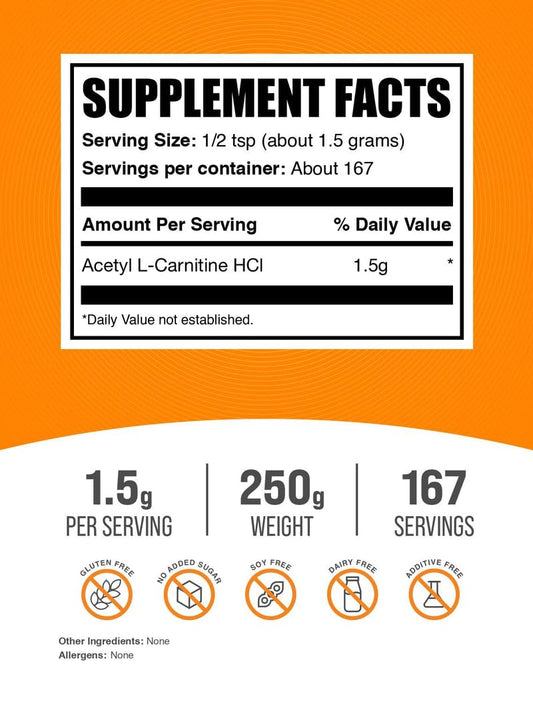 BulkSupplements Acetil L-Carnitina medidor de cucharita para dosis precisa.