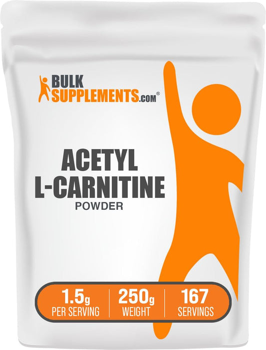 BulkSupplements Acetil L-Carnitina polvo en frasco para uso diario.