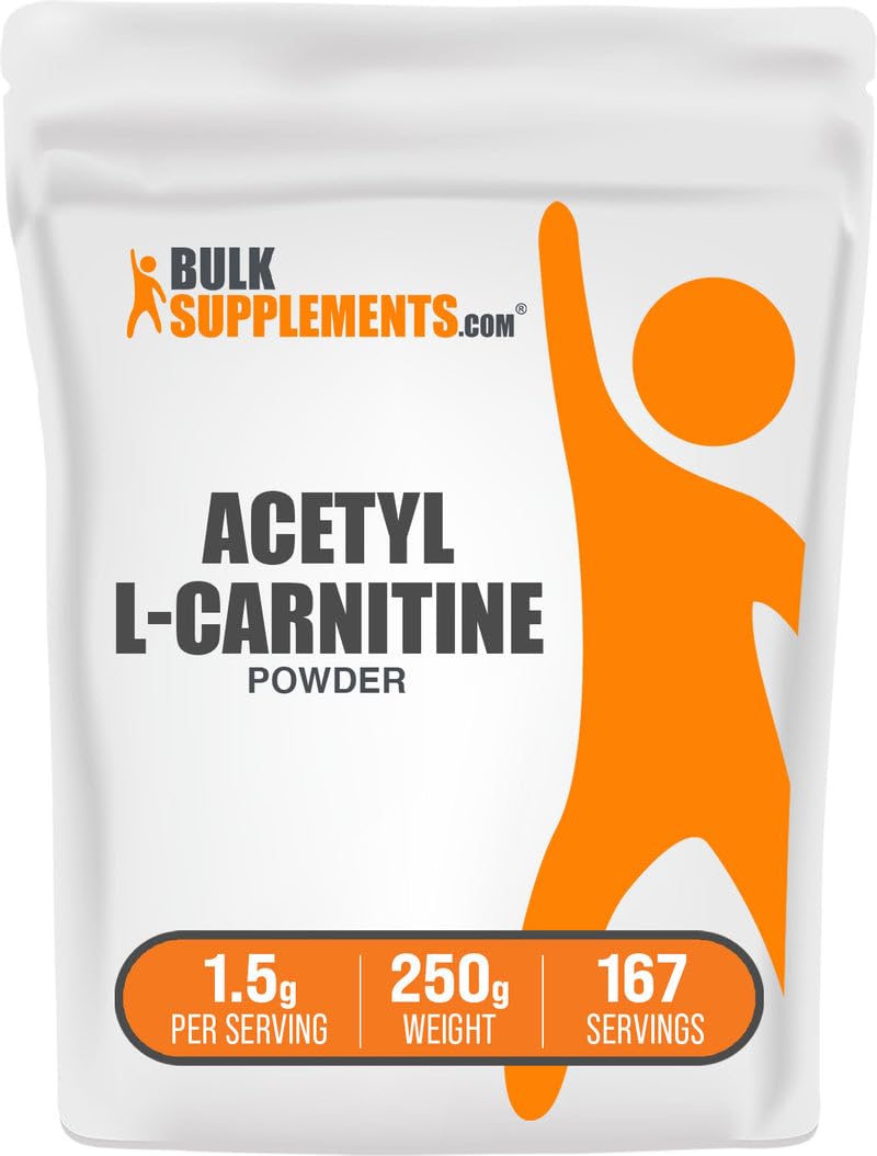 BulkSupplements envase frontal de Acetyl L-Carnitine mostrando etiqueta clara y tamaño