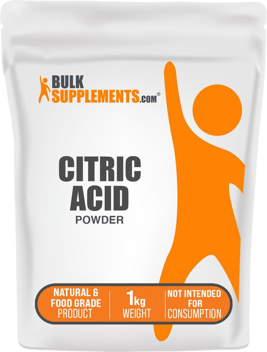 BulkSupplements paquete frontal de ácido cítrico 1 kg mostrando etiqueta clara y tamaño