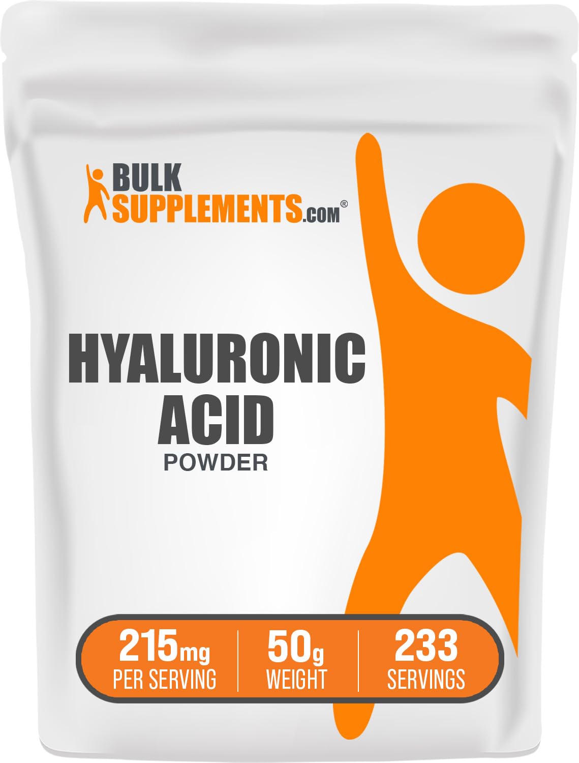 BulkSupplements envase frontal del ácido hialurónico mostrando claridad y pureza