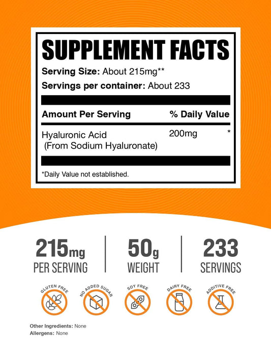 BulkSupplements ácido hialurónico porción 215 mg; dosis diaria práctica.