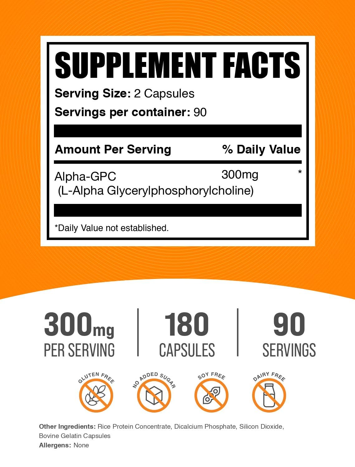 Etiqueta de Alpha GPC BulkSupplements con dosis y pureza