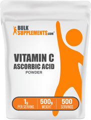 BulkSupplements frente del paquete de ácido ascórbico mostrando envase limpio y claro