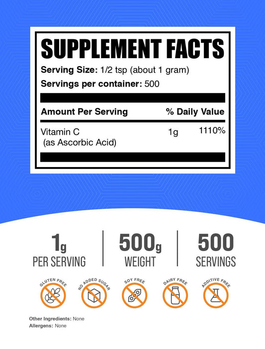 BulkSupplements textura del polvo de vitamina C en primer plano para mezcla fácil