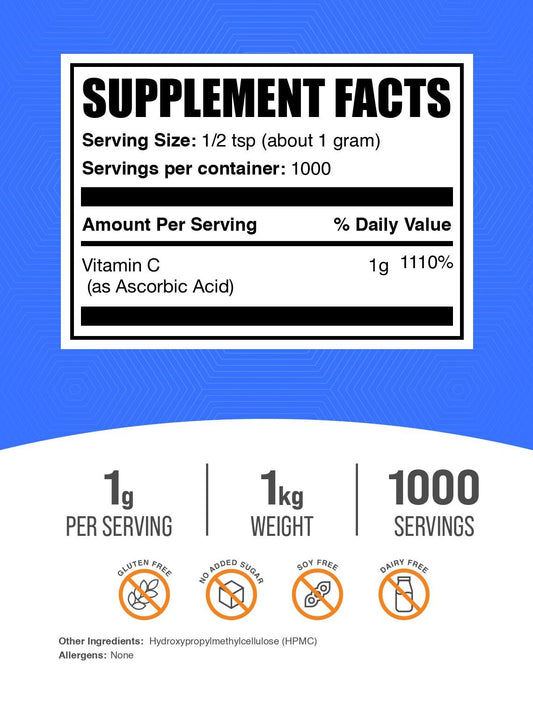 Bulksupplements Ascorbico Dosis Diaria: aporte conveniente de vitamina C.