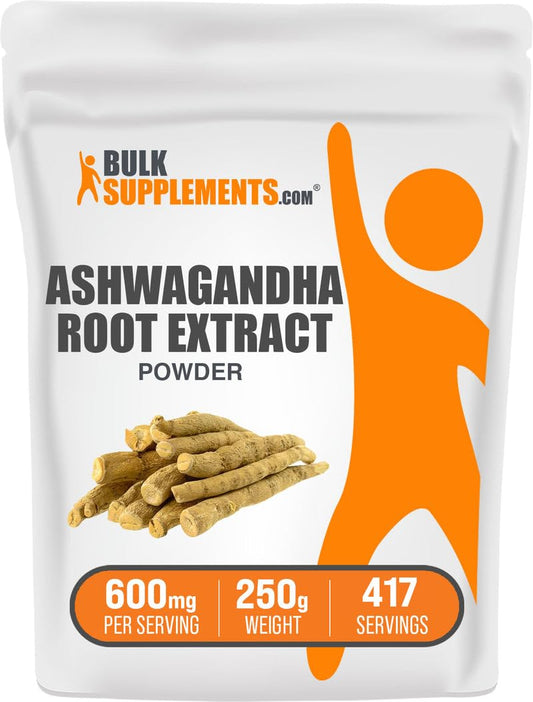 BulkSupplements envase frontal de ashwagandha mostrando presentación y tamaño