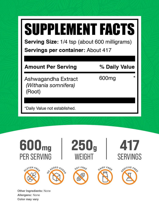 BulkSupplements polvo de ashwagandha textura cercana, fácil de mezclar