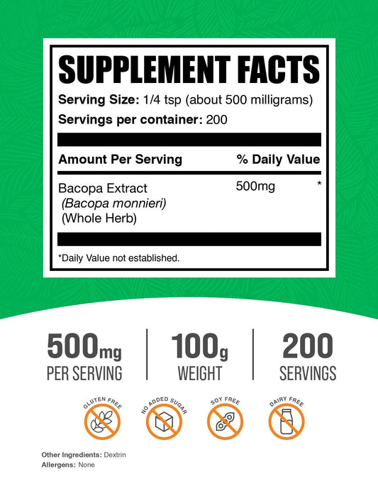 BulkSupplements Bacopa Monnieri polvo en frasco: fácil de incorporar en batidos