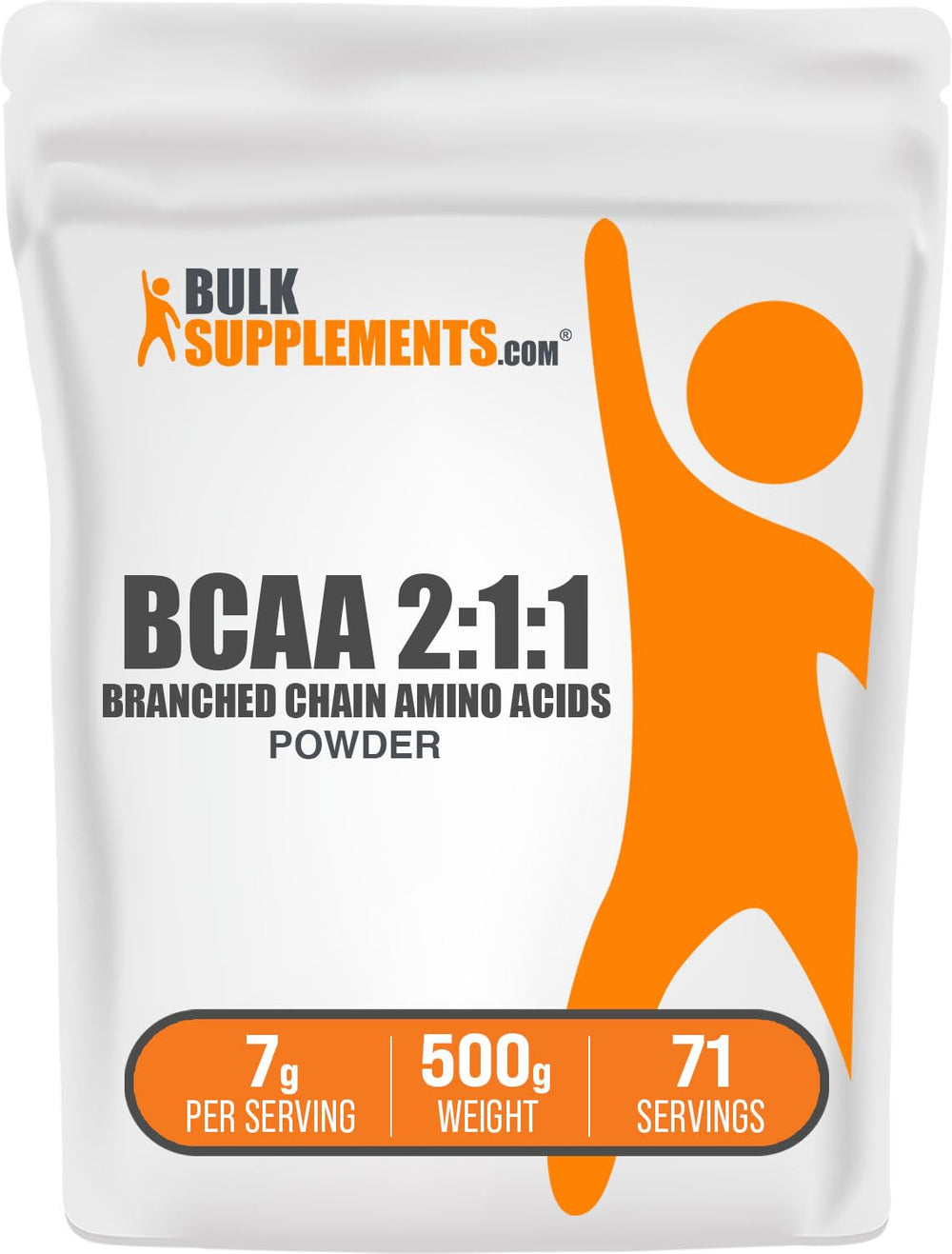 BulkSupplements envase frontal de BCAA 2:1:1 mostrando etiqueta clara y ventaja de pureza