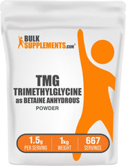 BulkSupplements envase frontal de Betaine Anhydrous, presentación 1 kg y beneficio de pureza