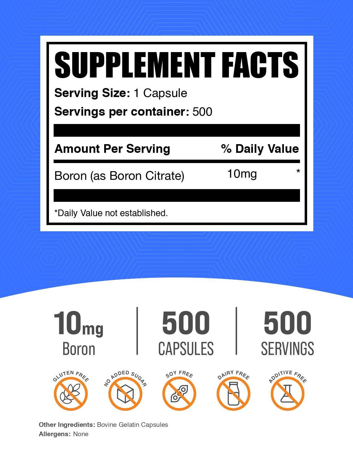BulkSupplements cápsulas de Boron Citrate 10 mg vista cercana para dosificación fácil