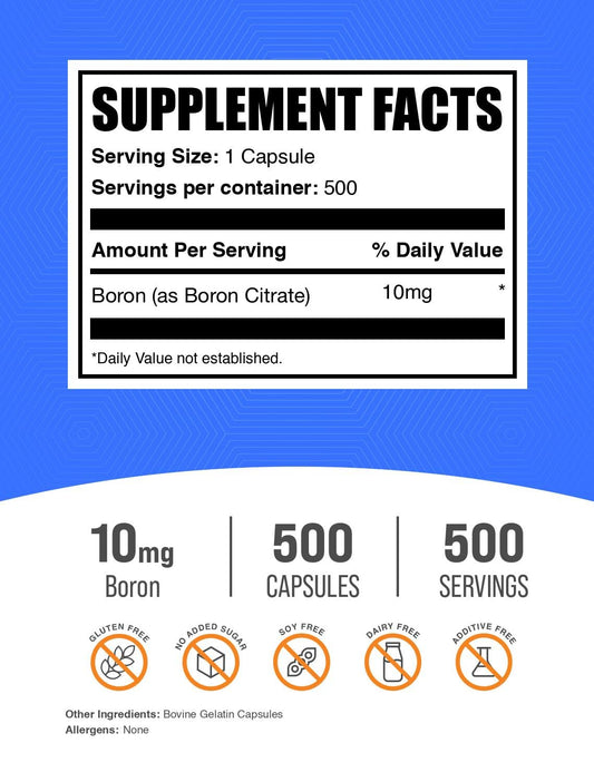 BulkSupplements cápsulas de Boron Citrate 10 mg vista cercana para dosificación fácil