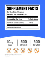 BulkSupplements cápsulas de Boron Citrate 10 mg vista cercana para dosificación fácil