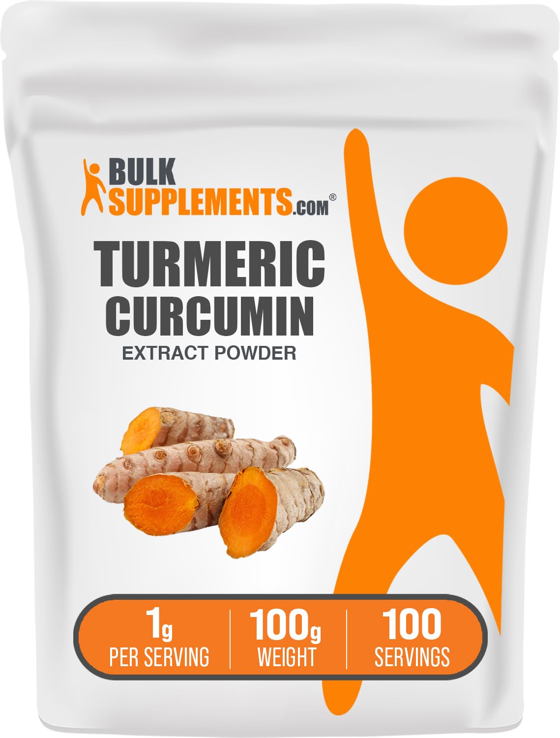 BulkSupplements envase frontal de polvo de cúrcuma, presentación clara y práctica