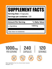 BulkSupplements detalle de una cápsula L-Carnitine que destaca su pureza y dosificación