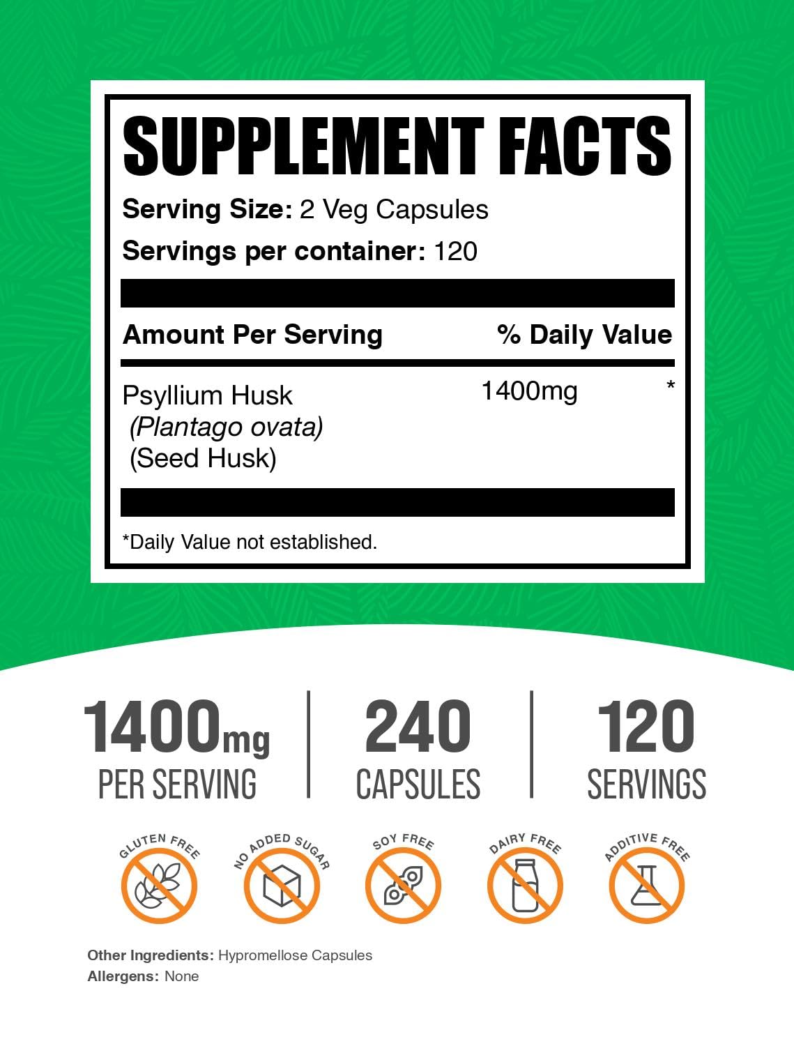BulkSupplements close-up cápsulas veganas de psyllium, textura uniforme y pura