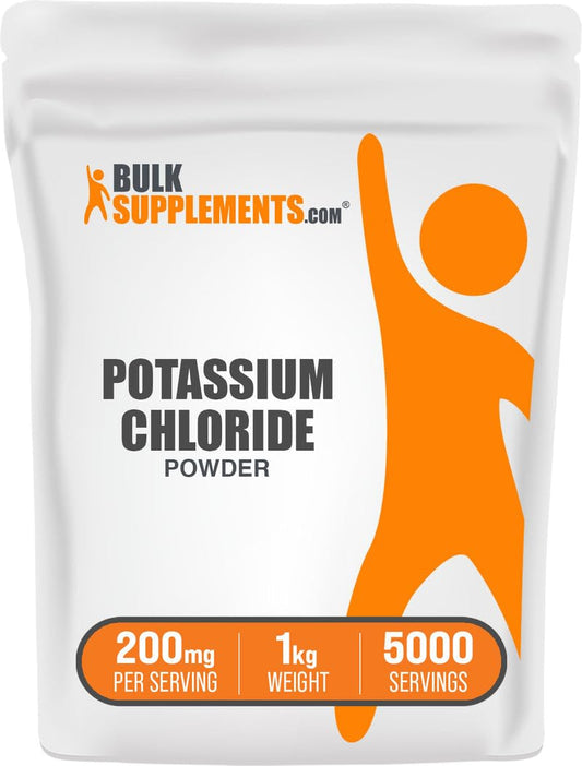 BulkSupplements envase frontal de cloruro de potasio, alternativa baja en sodio