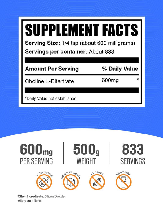 BulkSupplements Colina Bitartrato envase: práctico para medir porciones y mantener la frescura.
