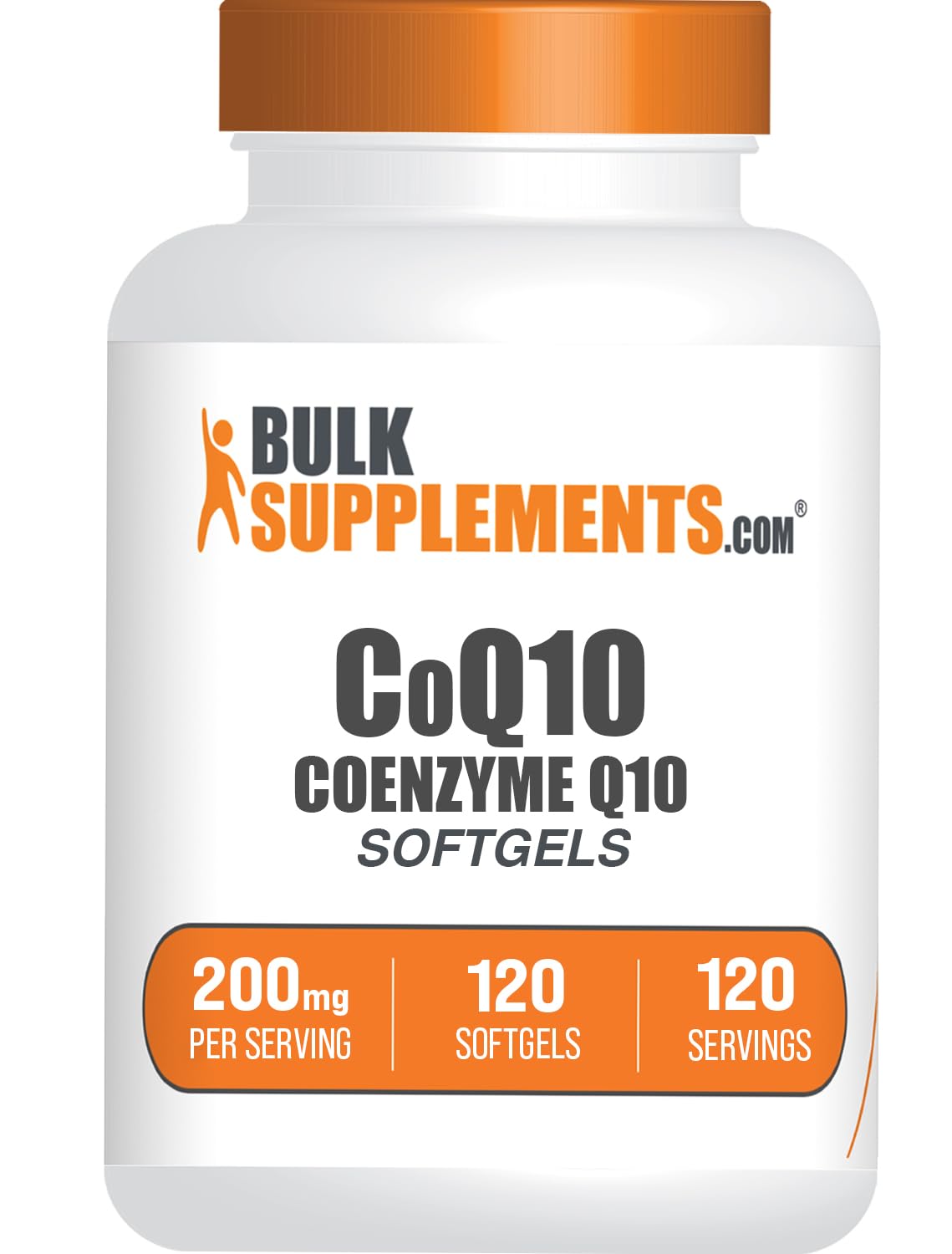BulkSupplements CoQ10 200 mg cápsulas, frasco en primer plano, apoyo a la salud general diaria.