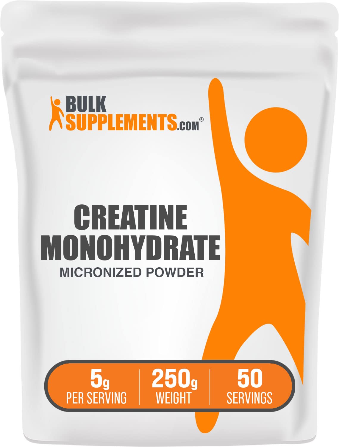 BulkSupplements envase frontal mostrando creatina pura y etiqueta clara