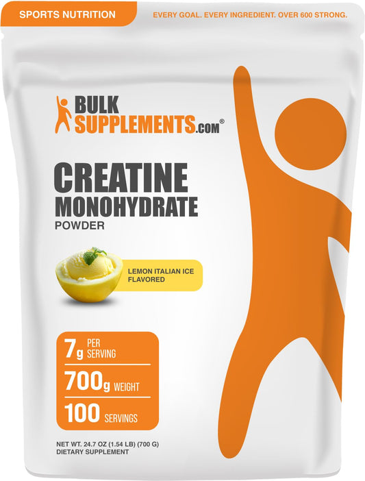 BulkSupplements envase frontal del polvo de creatina con sabor y beneficio de claridad de contenido