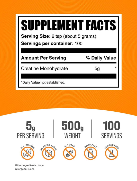 BulkSupplements creatina monohidrato en polvo, envase de 500 g para sesiones de entrenamiento