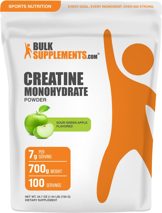 BulkSupplements envase frontal mostrando etiqueta y sabor Sour Green Apple, conveniencia visual
