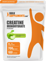 BulkSupplements envase frontal mostrando etiqueta y sabor Sour Green Apple, conveniencia visual