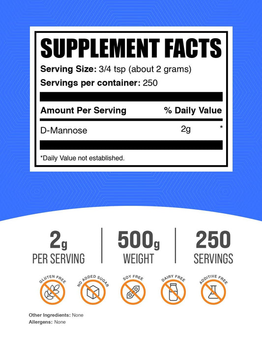 BulkSupplements cucharada con polvo fino de D-Mannosa, textura pura y soluble