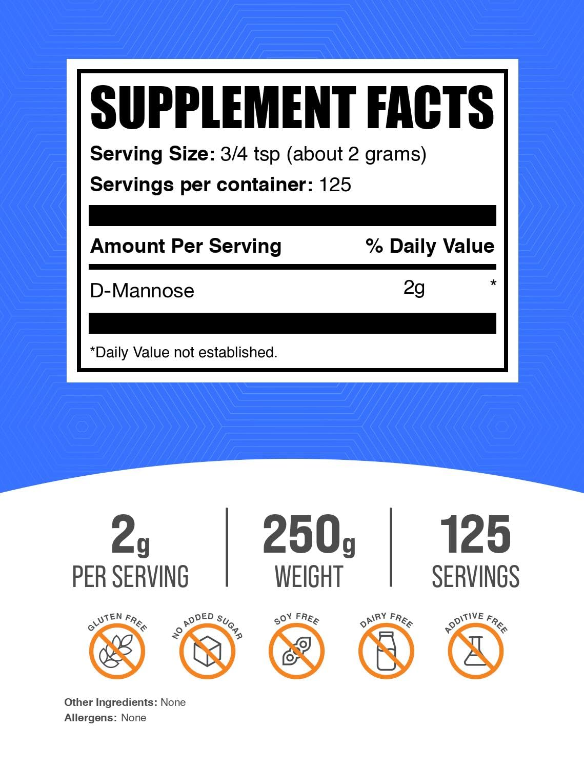 BulkSupplements primer plano del polvo de D‑mannosa con textura fina y pureza