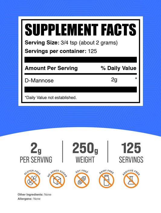 BulkSupplements primer plano del polvo de D‑mannosa con textura fina y pureza