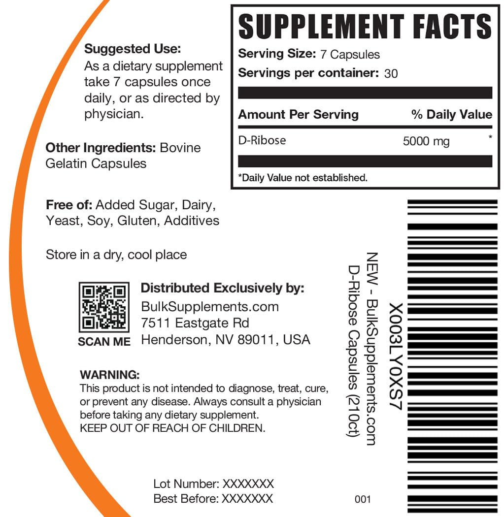 Etiqueta de BulkSupplements D-Ribosa muestra dosis de 5000 mg para planificación precisa