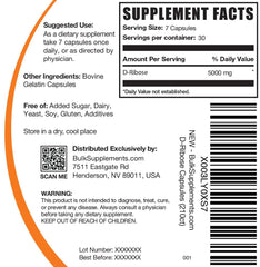 Etiqueta de BulkSupplements D-Ribosa muestra dosis de 5000 mg para planificación precisa