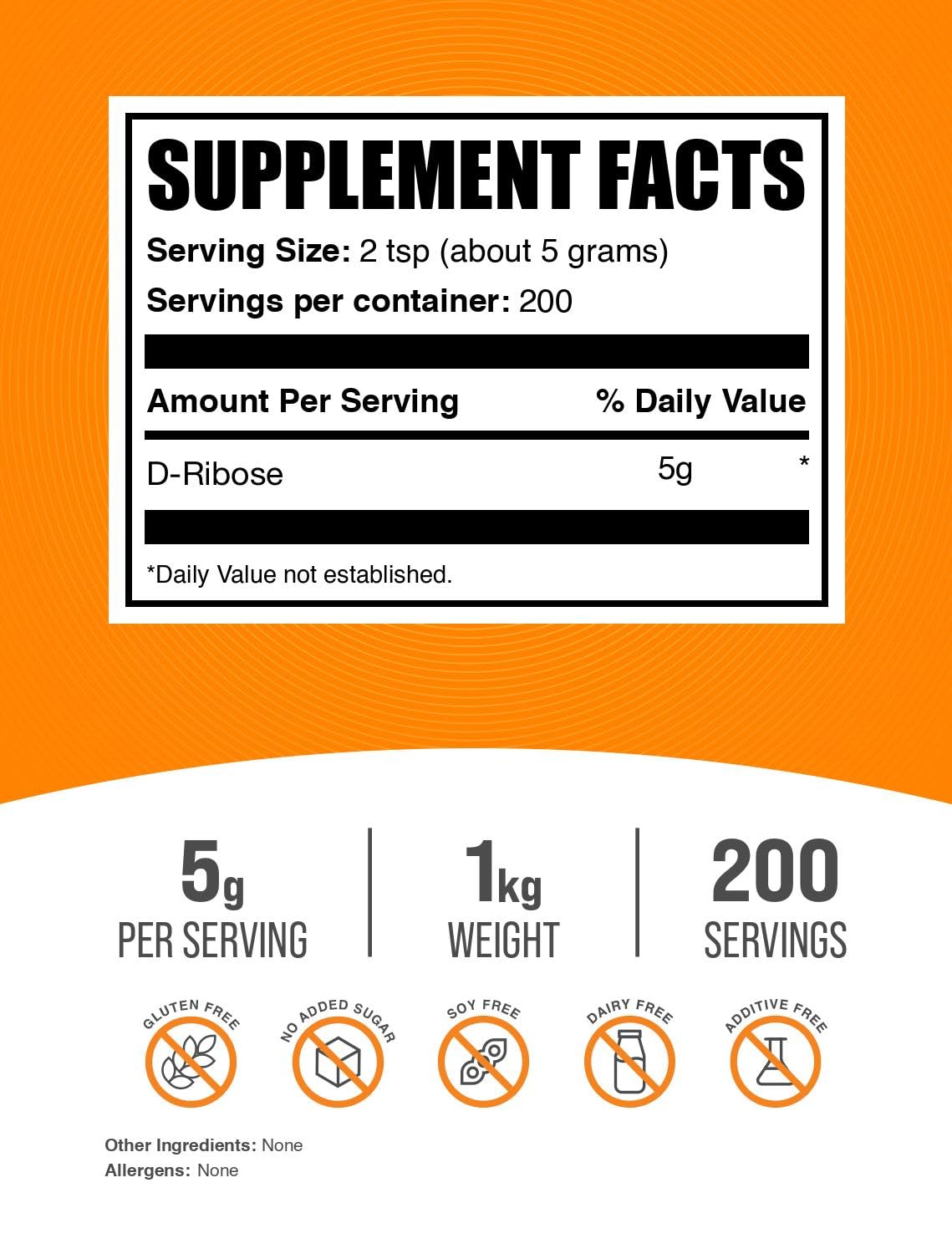 BulkSupplements polvo de D-ribosa en primer plano, textura fina que se disuelve rápido