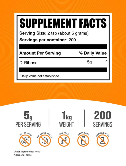 BulkSupplements polvo de D-ribosa en primer plano, textura fina que se disuelve rápido