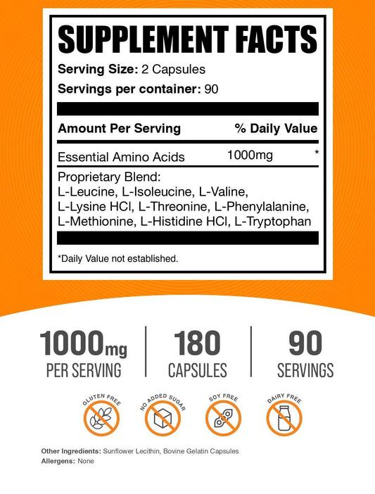 BulkSupplements EAA Capsules bottle close-up highlights 1000 mg servings for daily intake