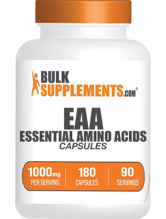BulkSupplements EAA Capsules bottle label shows complete amino acid profile for workouts