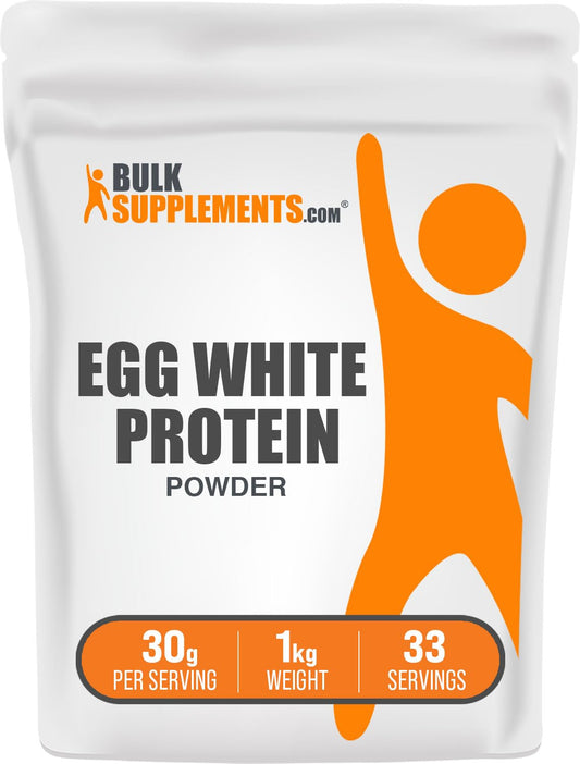 BulkSupplements empaque frontal de Egg White Protein, clara visual y confianza de marca